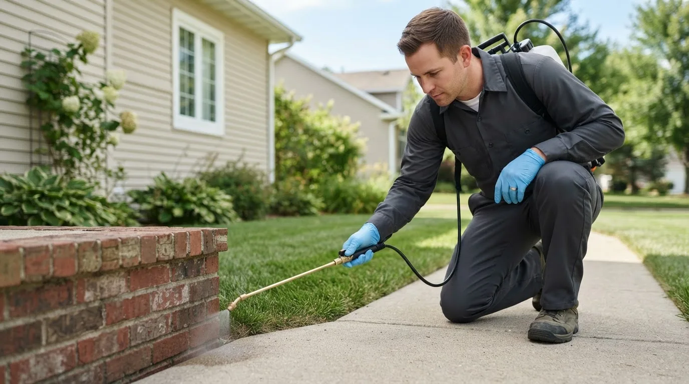 Pest control technician treating a home near Meadow, TX