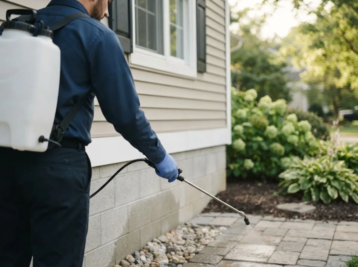 Pest control technician inspecting a home in Meadow, TX